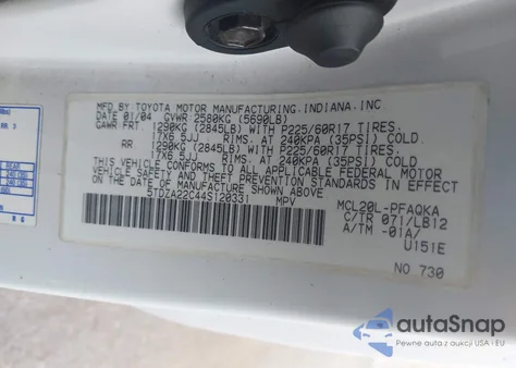 2004 Toyota Sienna Xle z USA, uszkodzony, nr VIN 5TDZA22C44S120331